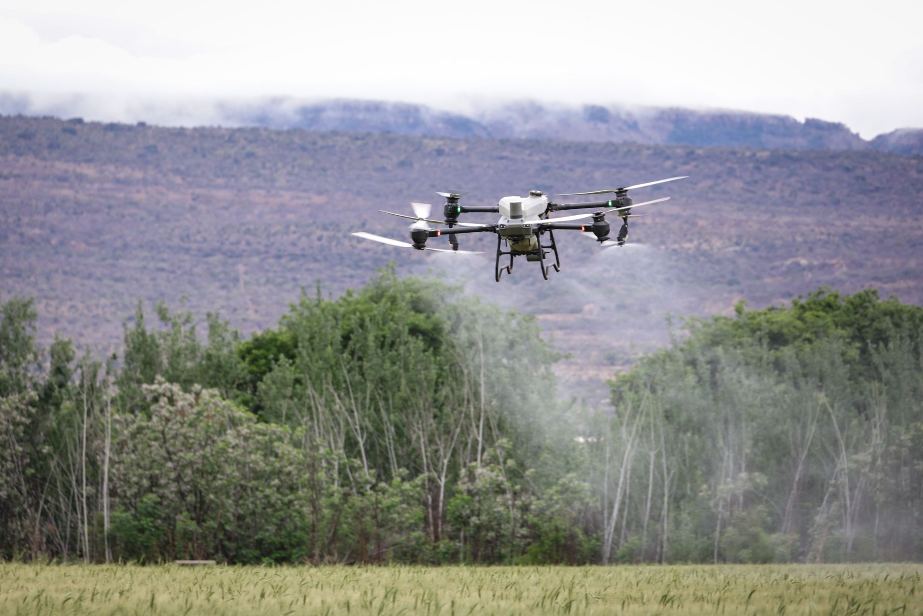Dron z opryskiwaczem nad polami uprawnymi na wsi
