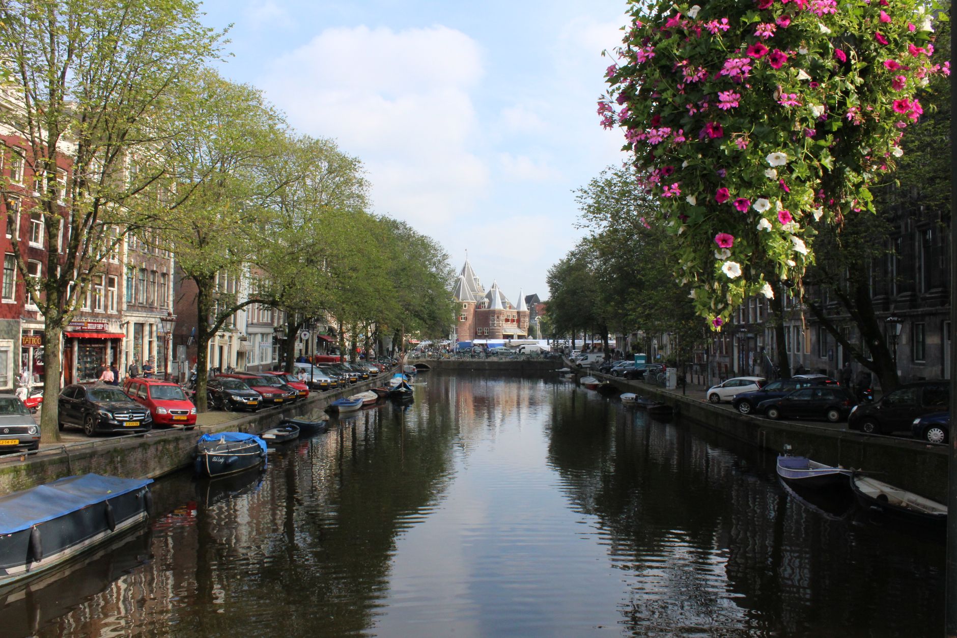 Wiosenny kanał w Amsterdamie z kwiatami i zabytkowymi kamienicami